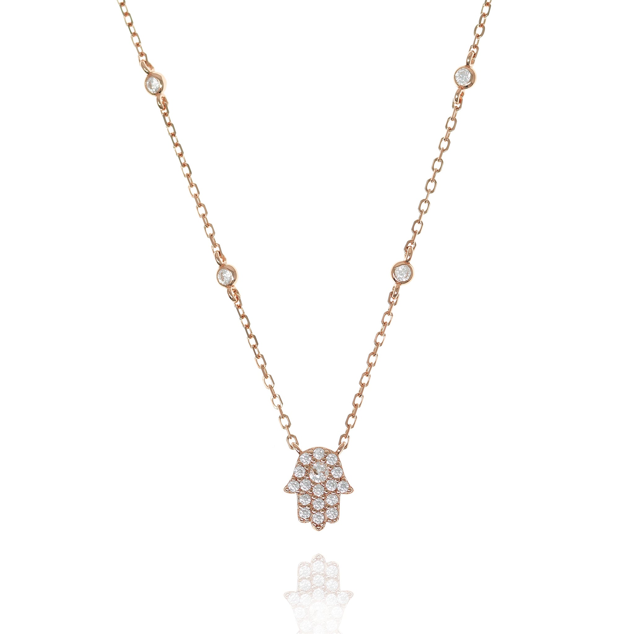 
Rose gold plated silver necklace with pave Hamsa hand and cubic zirconia stones on the chain

