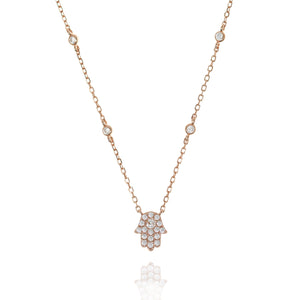 
Rose gold plated silver necklace with pave Hamsa hand and cubic zirconia stones on the chain

