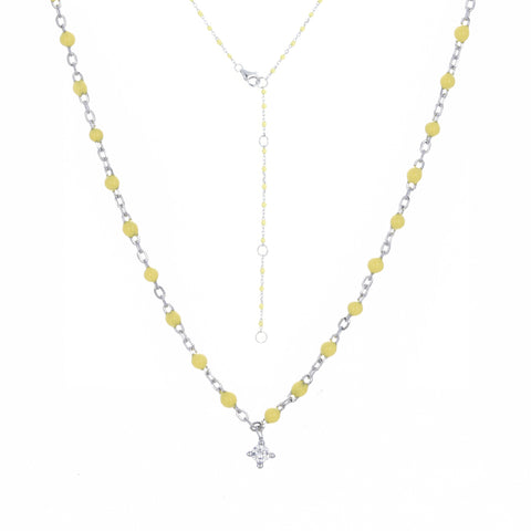 
Gold plated on silver necklace with yellow enamel beads and hanging cubic zirconia pendant.

