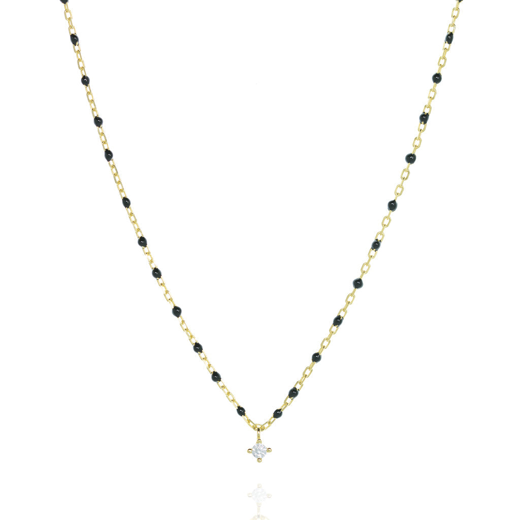 

Gold Plated Silver Chain Necklace with Black Beads and Central Cubic Zirconia

