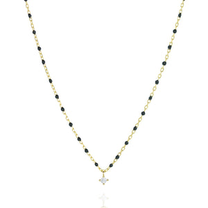 

Gold Plated Silver Chain Necklace with Black Beads and Central Cubic Zirconia

