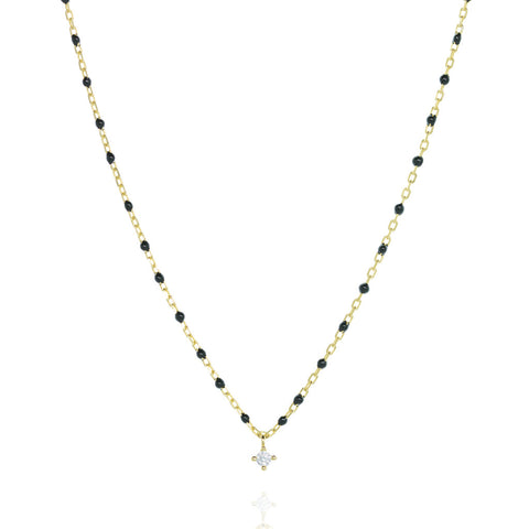 

Gold Plated Silver Chain Necklace with Black Beads and Central Cubic Zirconia

