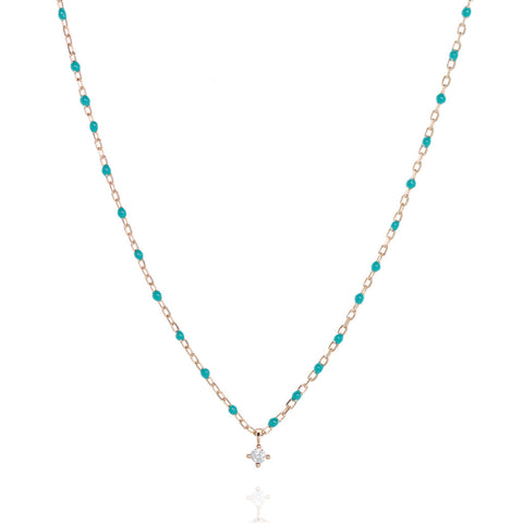 
Rose Gold Plated Chain and Bead Necklace with Turquoise Beads and Small Cubic Zirconia Centrepiece

