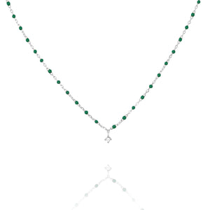 

Short Sterling silver chain and bead necklace with green beads and a central Cubic Zirconia, 45cm length including extensions.

