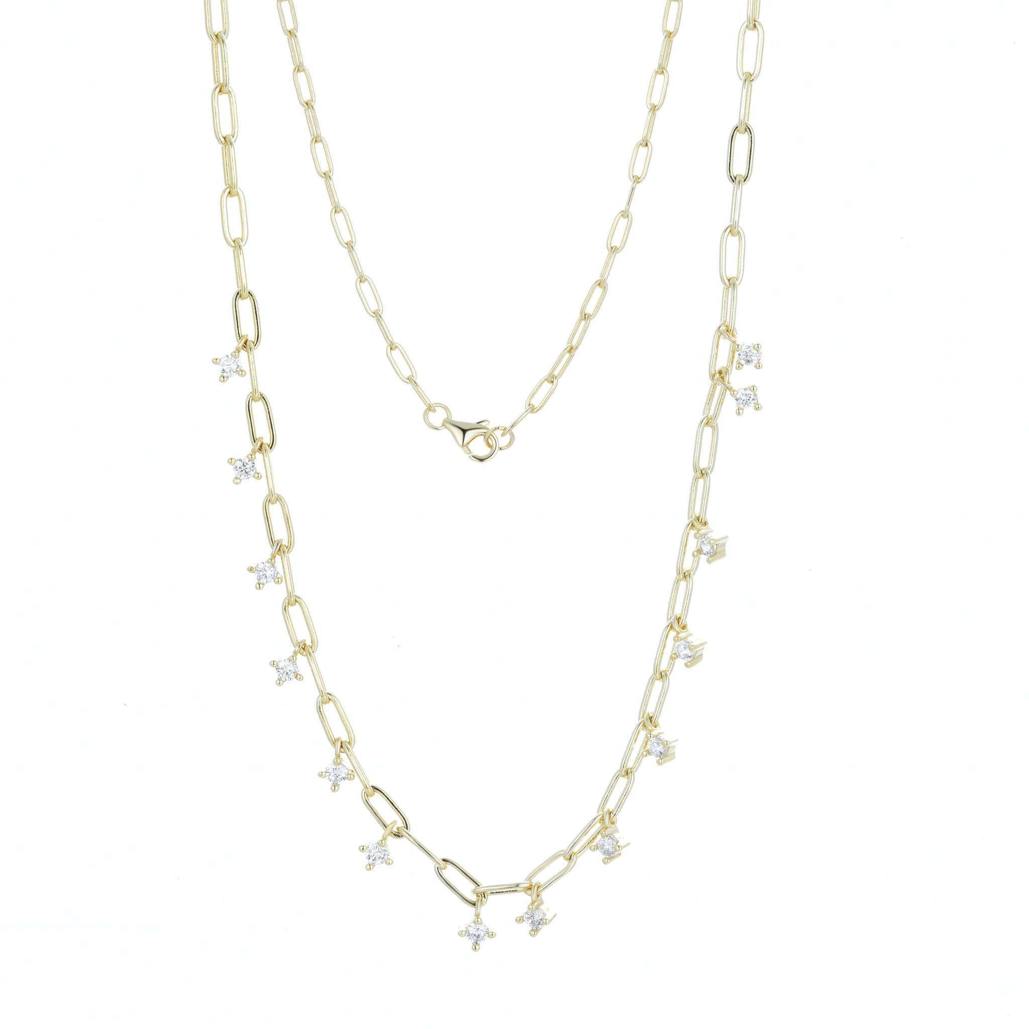 
Elegant gold-plated chain necklace with hanging Cubic Zirconia crystals, 45 cm in length.

