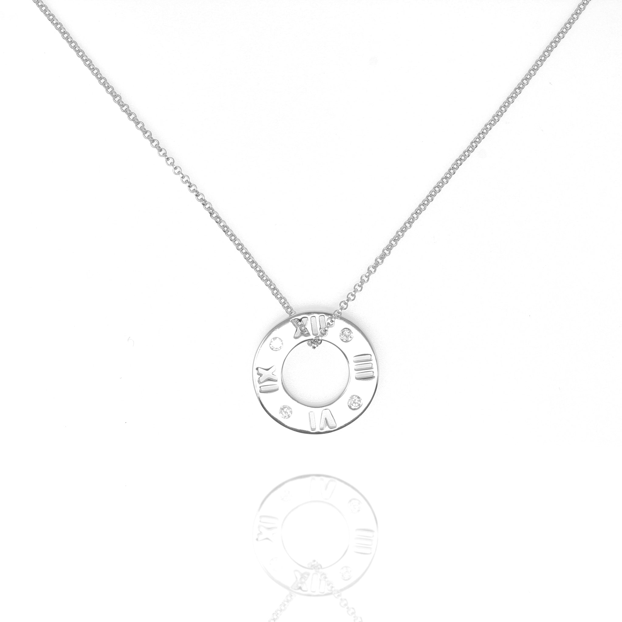 
Sterling silver necklace with hollow clock face pendant and cubic zirconia stones

