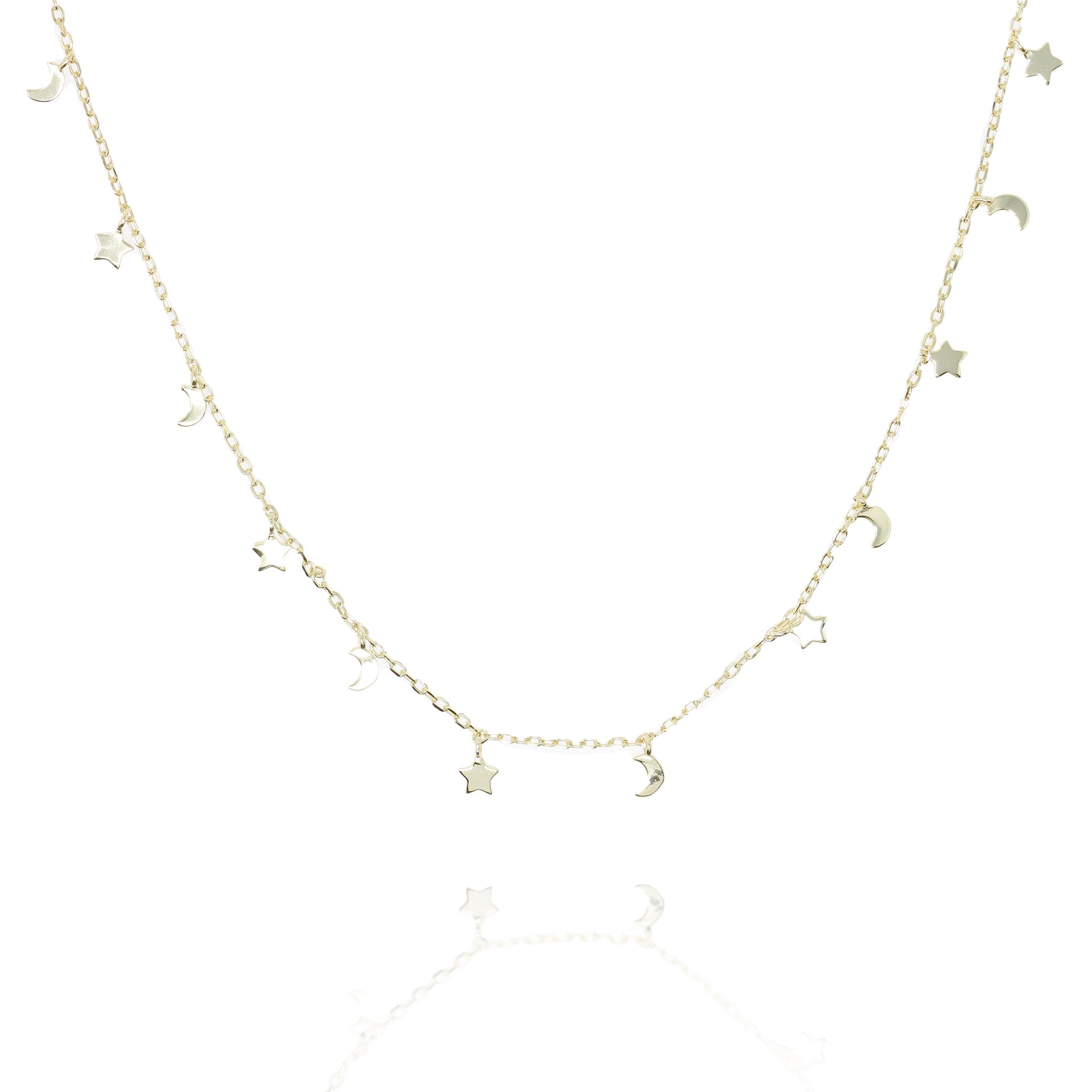 

Gold-plated silver necklace featuring small hanging stars and moons, 45 cm chain with three extension links.

