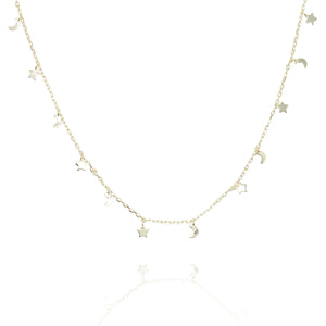 

Gold-plated silver necklace featuring small hanging stars and moons, 45 cm chain with three extension links.

