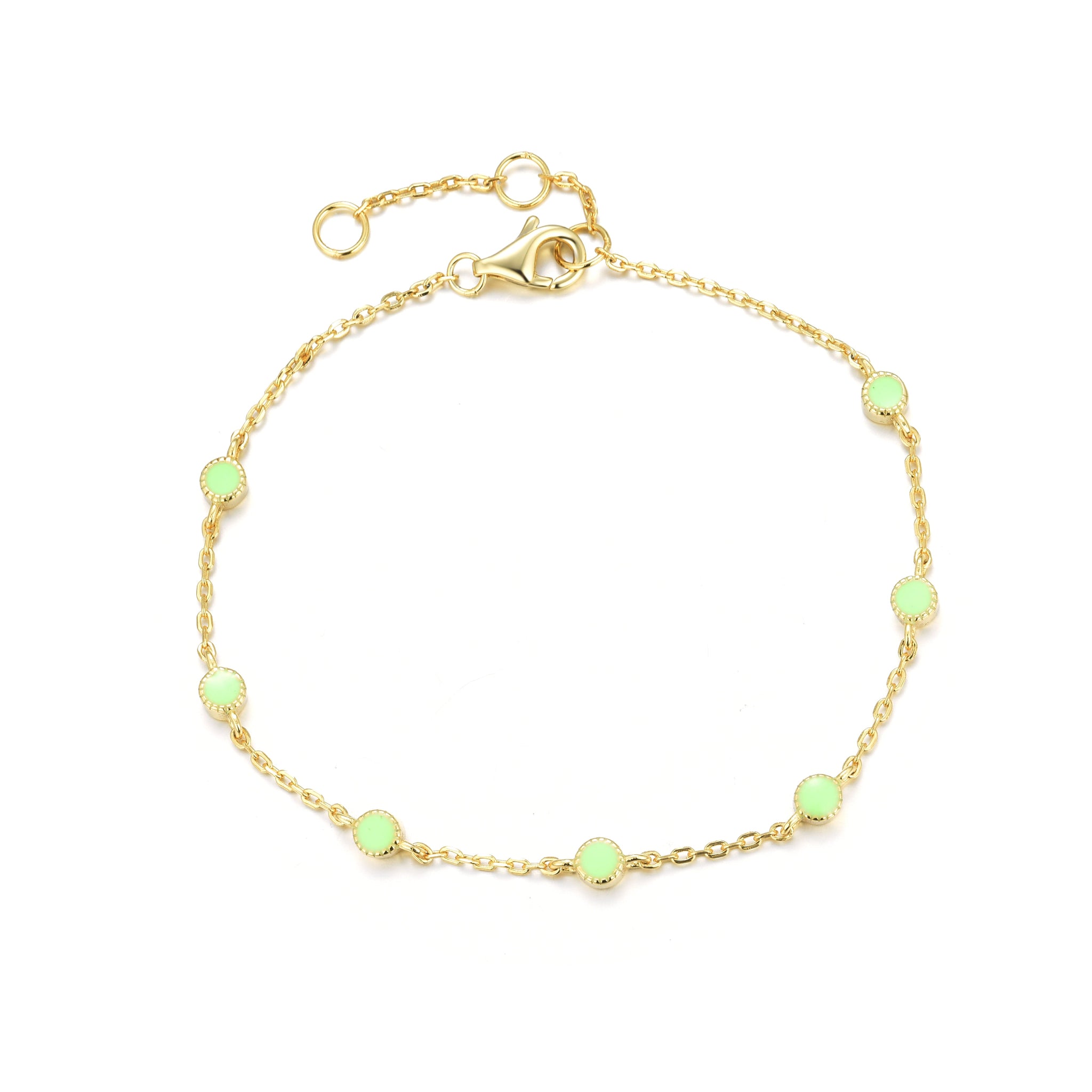 

Gold-plated chain bracelet with Apple Green coloured stones and two extensions

