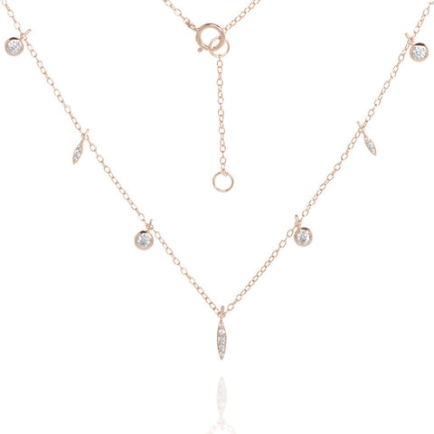 
Rose gold plated delicate chain necklace with hanging Cubic Zirconia in two different shapes.

