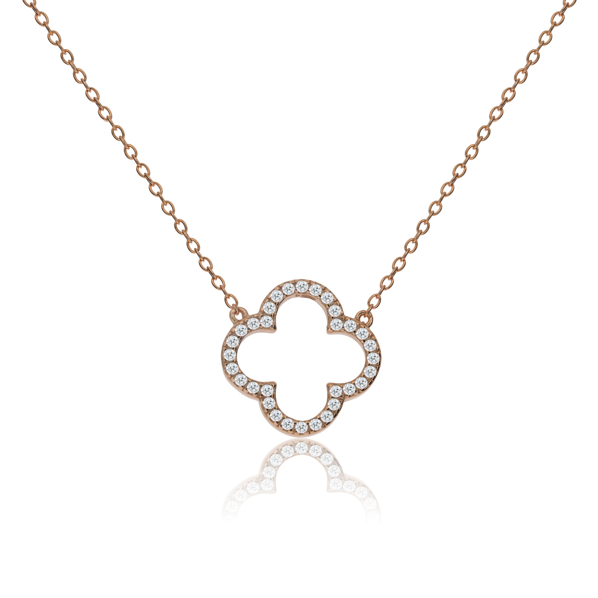 
Rose gold plated silver chain necklace with CZ pave clover charm.

