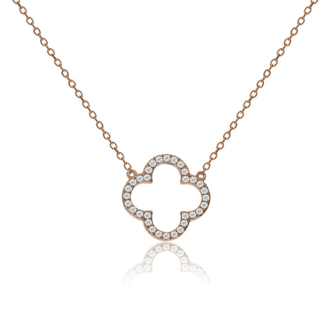 
Rose gold plated silver chain necklace with CZ pave clover charm.

