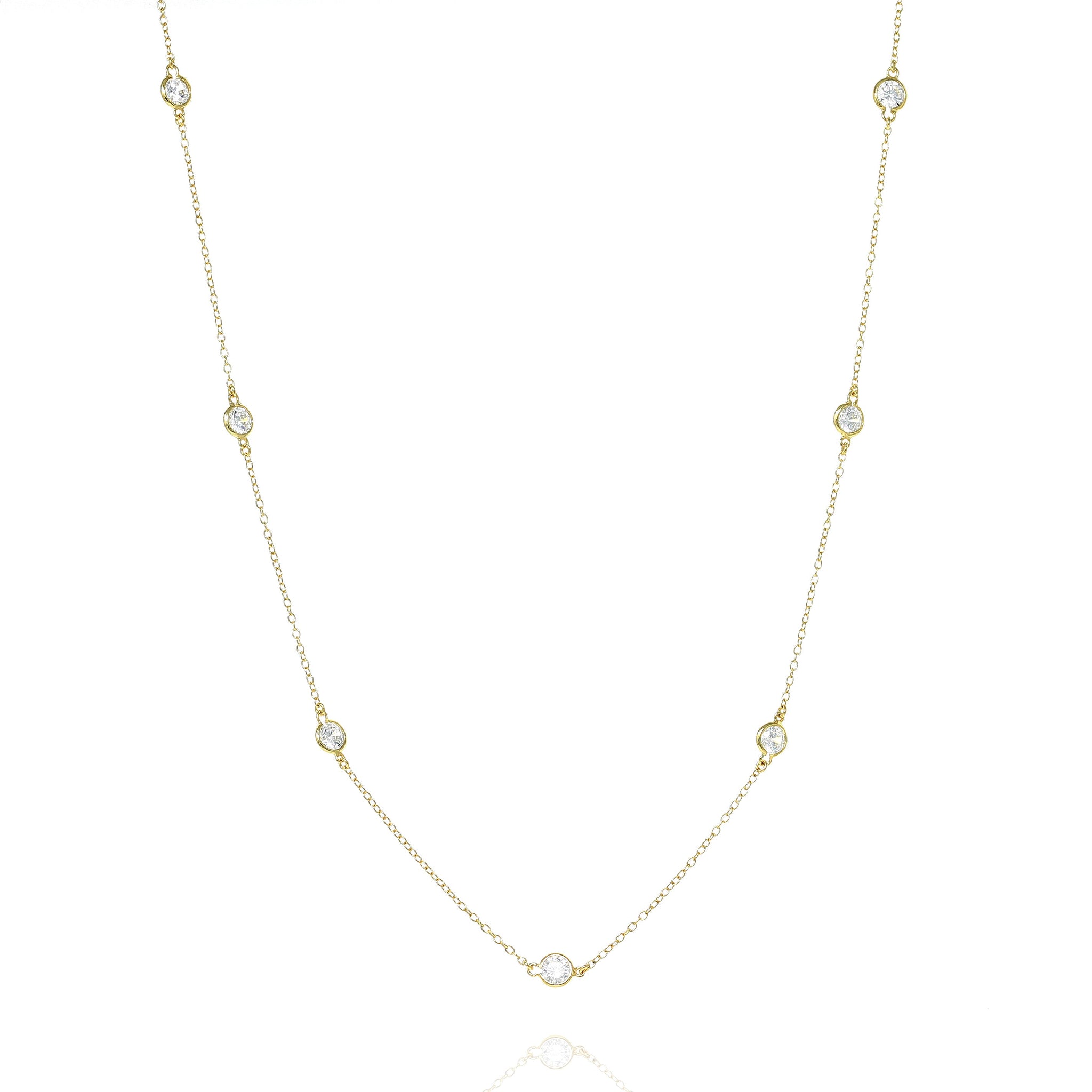 
Gold plated on silver, long chain necklace with bevel set cubic zirconia, length of chain 100 cm.

