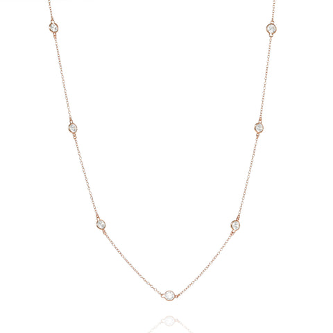 
Rose gold plated long chain necklace with bezel set cubic zirconia, 100 cm length.

