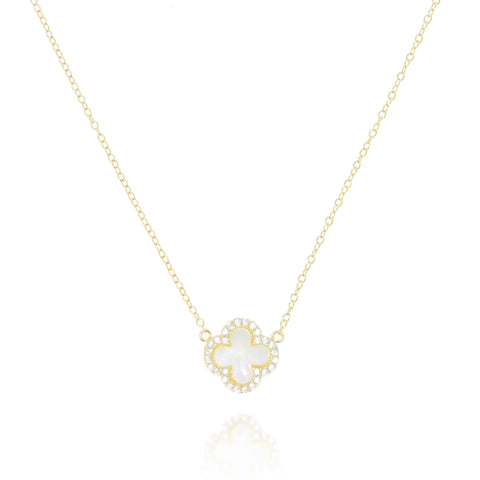 
Gold-plated sterling silver necklace with mother of pearl clover pendant rimmed with cubic zirconia

