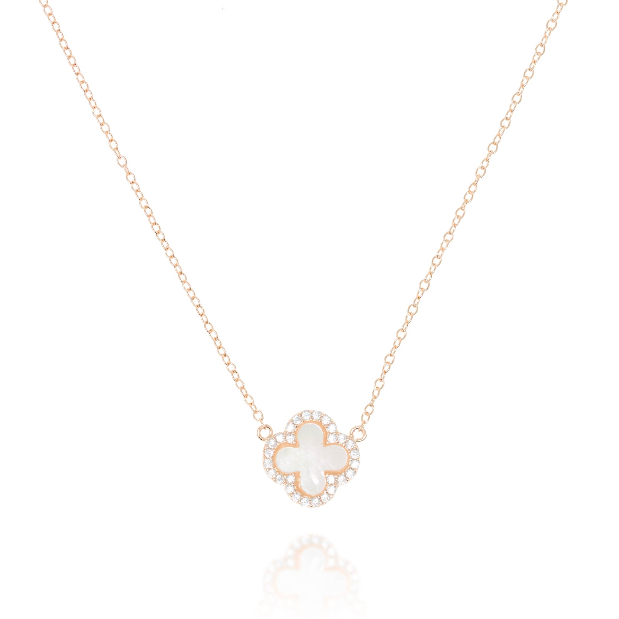 
Rose Gold Plated Clover Necklace with Mother of Pearl and CZ Pendant

