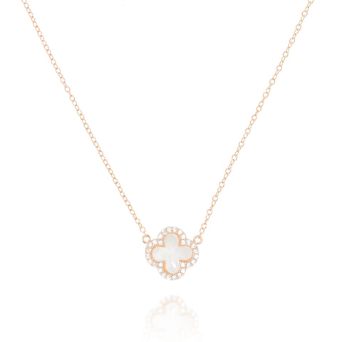 
Rose Gold Plated Clover Necklace with Mother of Pearl and CZ Pendant

