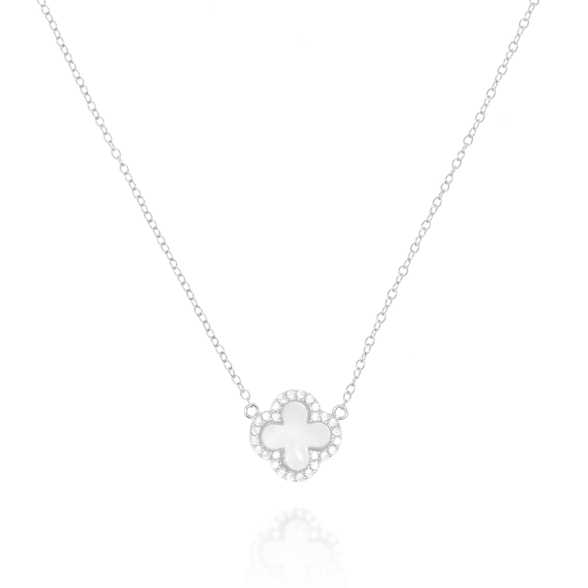 
Sterling Silver Clover Pendant Necklace with Mother of Pearl and CZ

