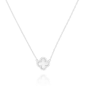 
Sterling Silver Clover Pendant Necklace with Mother of Pearl and CZ

