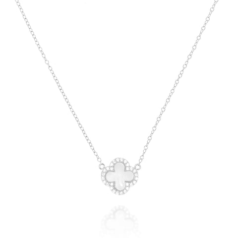 
Sterling Silver Clover Pendant Necklace with Mother of Pearl and CZ

