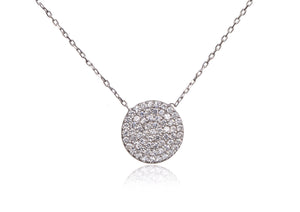 
Elegant sterling silver chain with 1.00 cm CZ pave disk pendant.

