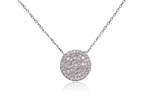 
Elegant sterling silver chain with 1.00 cm CZ pave disk pendant.

