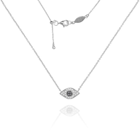 
A sterling silver Evil Eye chain necklace, featuring a blue centre stone surrounded by sparkly cubic zirconia, with an adjustable sliding length closure.

