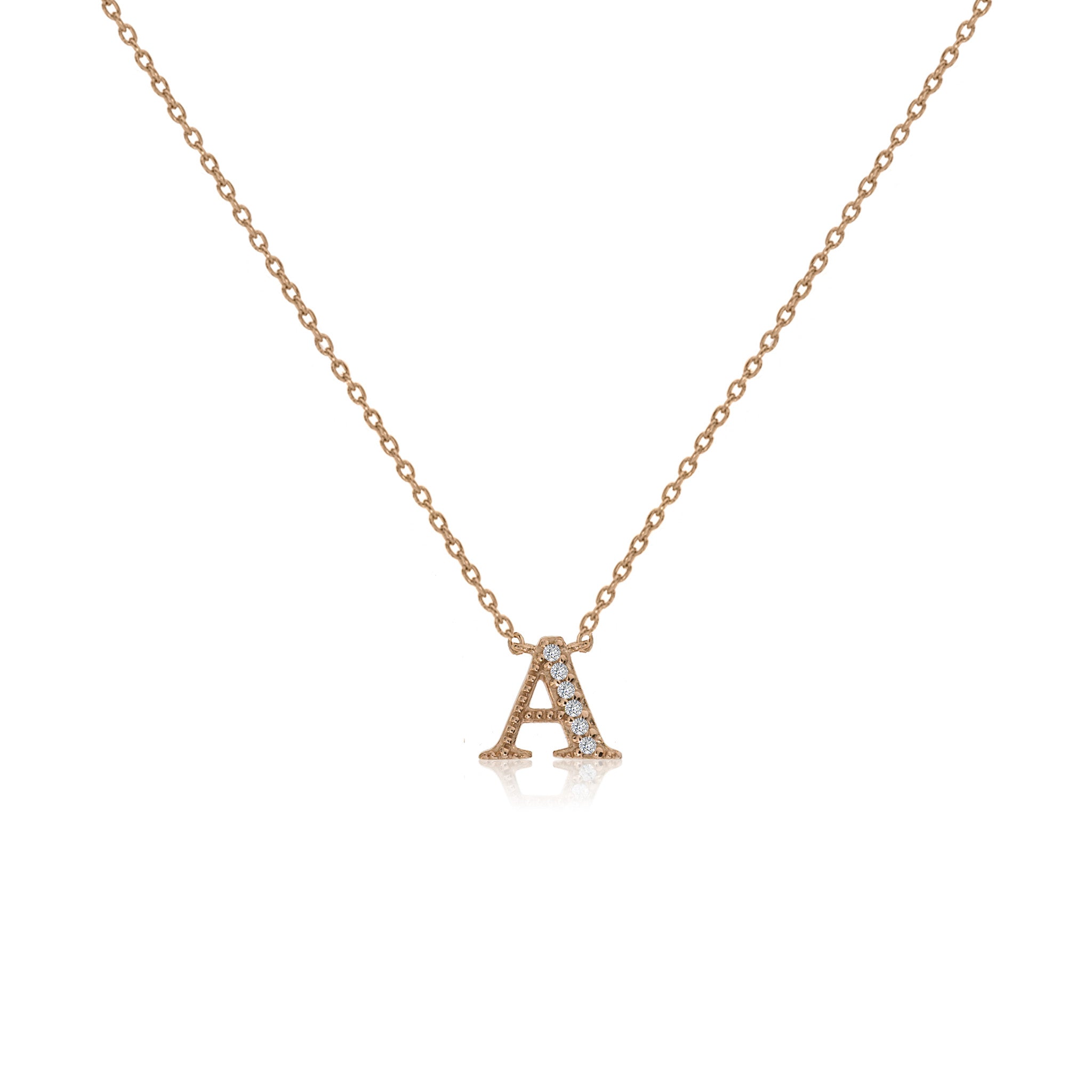 
Rose gold plated initial A necklace with cubic zirconia decoration and adjustable chain.

