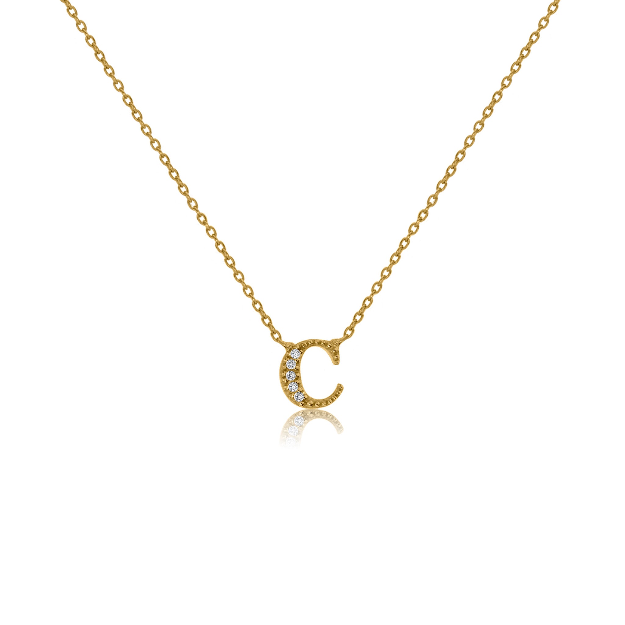 
Gold plated on silver initial 'C' necklace with CZ decoration, featuring a sliding length adjuster.

