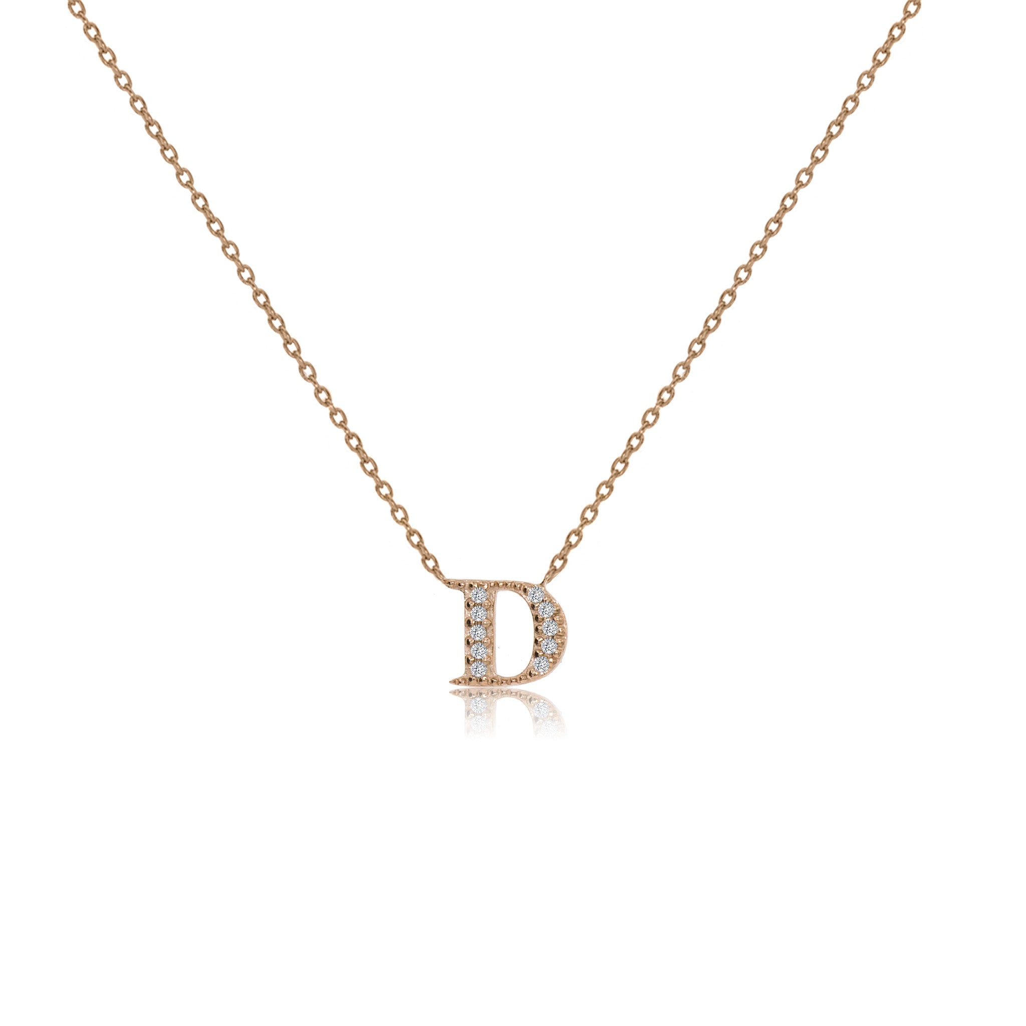 
Rose gold plated initial necklace with cubic zirconia on adjustable chain.

