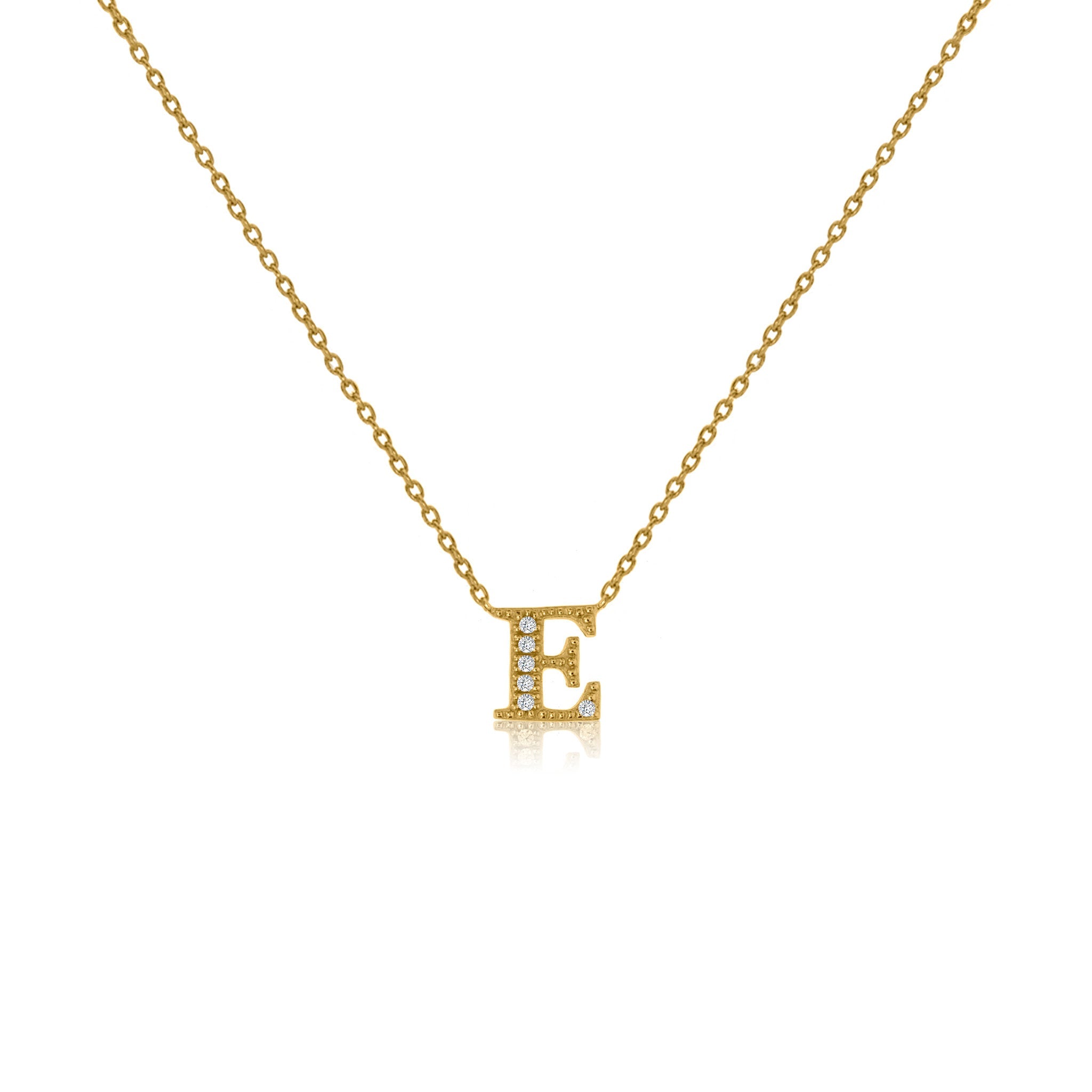 
Gold-plated necklace with 'E' initial pendant adorned with cubic zirconia stones and an adjustable chain.

