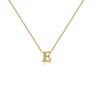 
Gold-plated necklace with 'E' initial pendant adorned with cubic zirconia stones and an adjustable chain.

