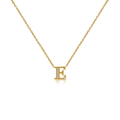 
Gold-plated necklace with 'E' initial pendant adorned with cubic zirconia stones and an adjustable chain.

