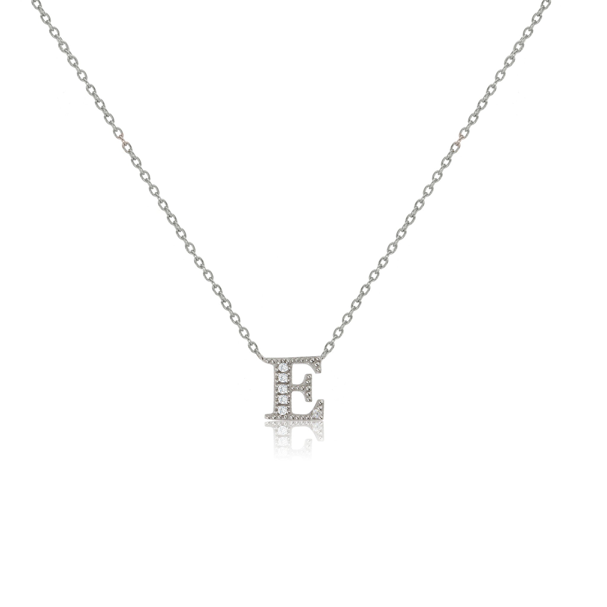 
Sterling silver initial necklace with a Cubic Zirconia decorated 'E' pendant on an adjustable chain.

