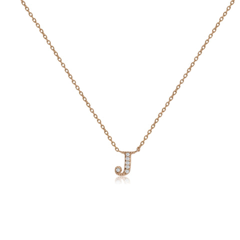 
Rose gold plated silver initial necklace J with cubic zirconia decoration.

