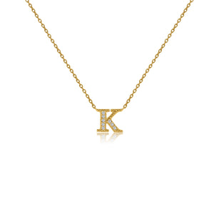 
Gold plated on silver initial necklace with CZ decoration, featuring the letter 'K' on a fine linked chain and a sliding length adjuster.

