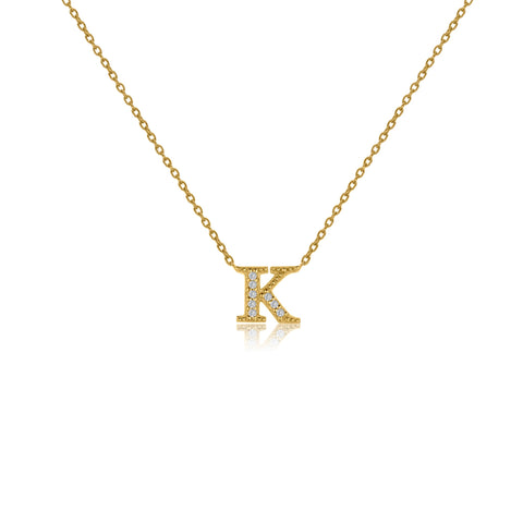 
Gold plated on silver initial necklace with CZ decoration, featuring the letter 'K' on a fine linked chain and a sliding length adjuster.

