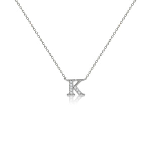 
Sterling silver initial necklace with cubic zirconia decoration and micron plating, featuring a sliding length adjuster, depicting the letter 'K'

