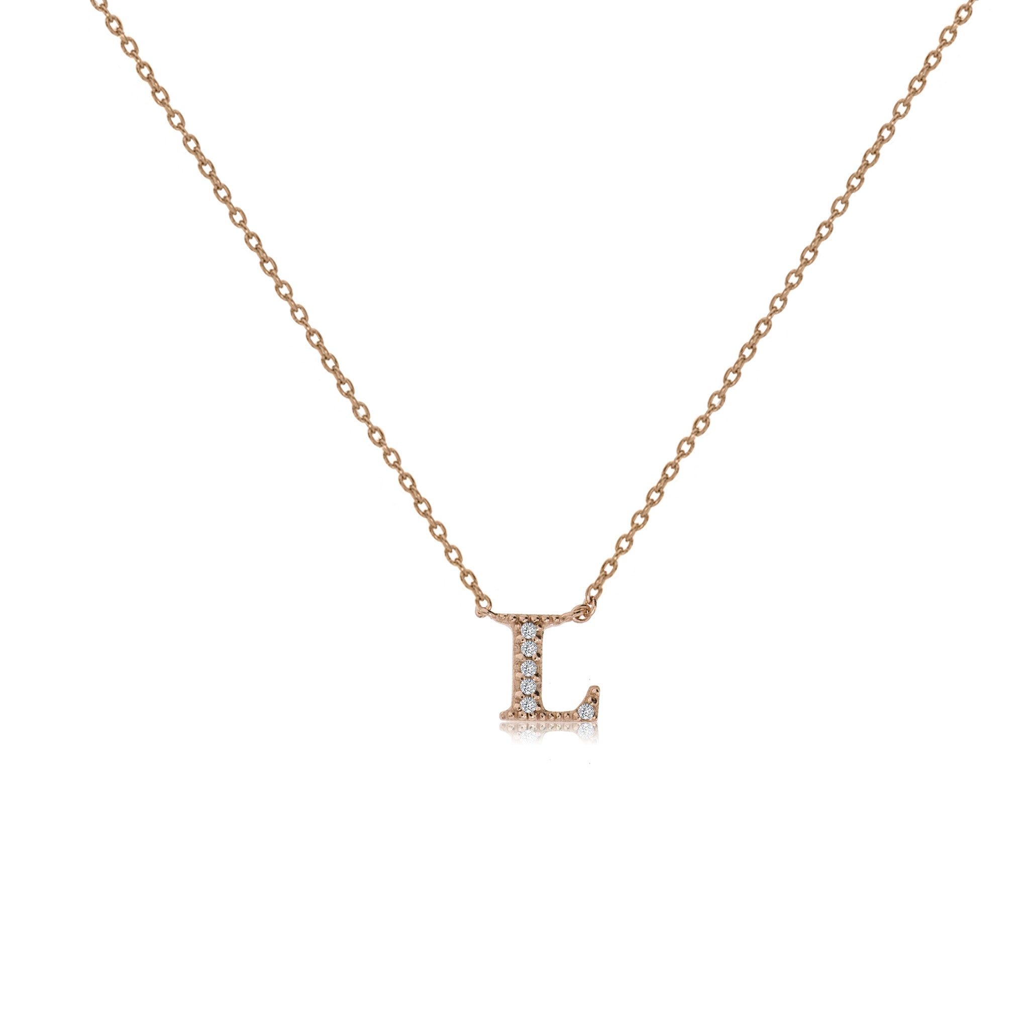 

Rose gold plated initial necklace L with Cubic Zirconia decoration on an adjustable chain.

