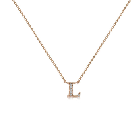 

Rose gold plated initial necklace L with Cubic Zirconia decoration on an adjustable chain.

