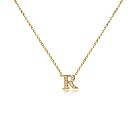 

Gold plated on silver initial necklace with cubic zirconia decorations in letter R and sliding length adjuster.

