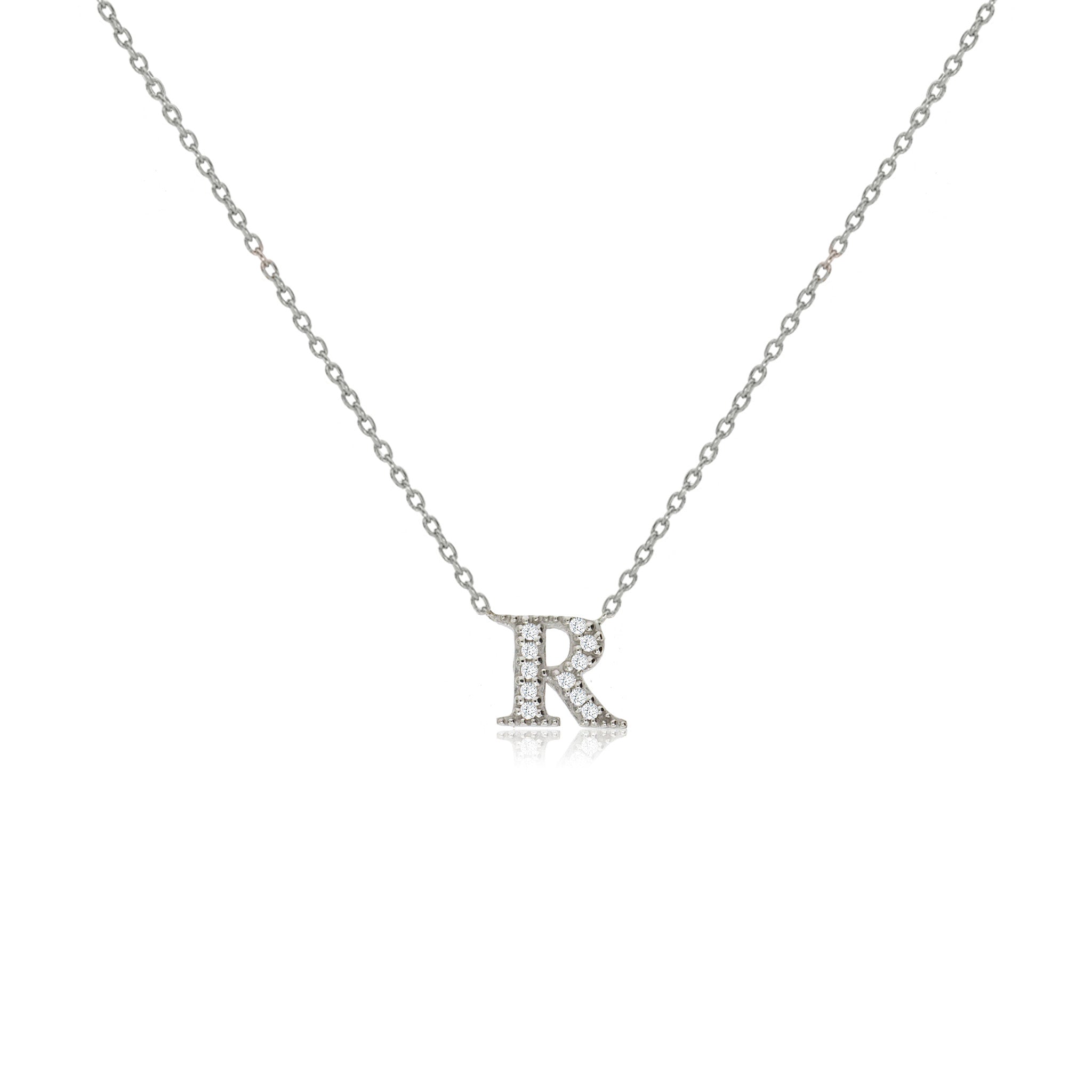 
Sterling Silver Initial Necklace with CZ Decoration and Sliding Length Adjuster - 'R' 

