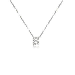 
Sterling silver initial necklace with CZ decoration, featuring the letter S and an adjustable chain length.

