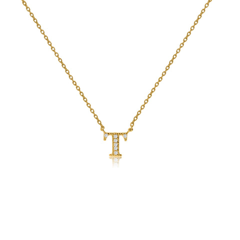 

Gold-plated initial 'T' necklace with cubic zirconia decorations on a sterling silver chain.

