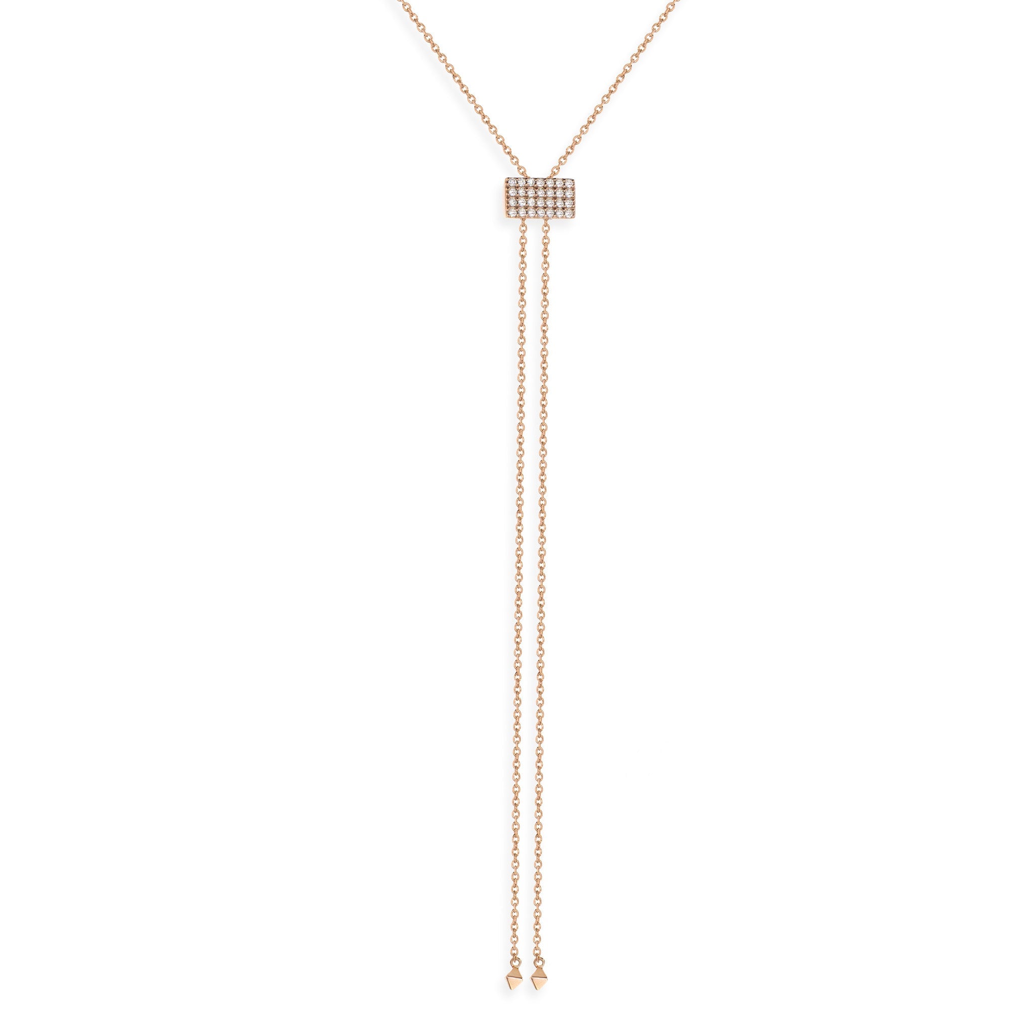 
Elegant lariat necklace in rose gold with Cubic Zirconia stones and an adjustable square pave slider.

