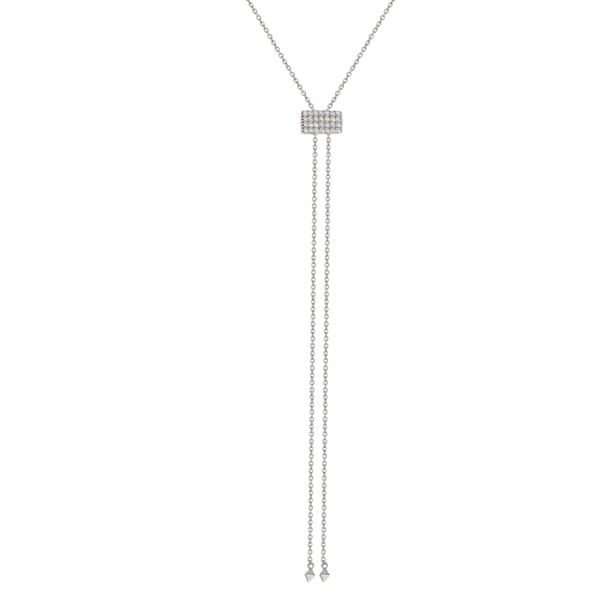 
Sterling silver lariat necklace with cubic zirconia and a square pave slider

