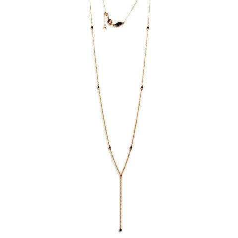 
Rose gold plated silver necklace with intermittent bobbles and adjustable sliding length.

