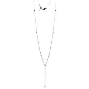 
Sterling silver necklace with black beads and adjustable length mechanism.

