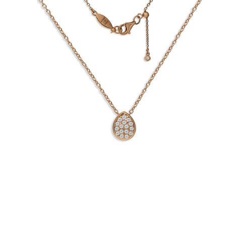 
Rose gold plated silver chain necklace with small pave teardrop pendant and adjustable sliding mechanism.

