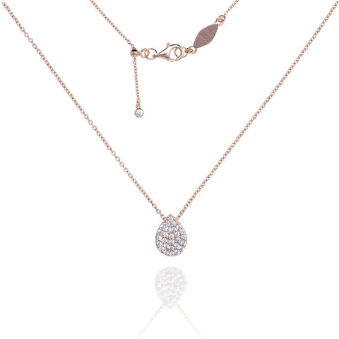 
Rose gold plated on silver pave teardrop pendant necklace with adjustable chain.

